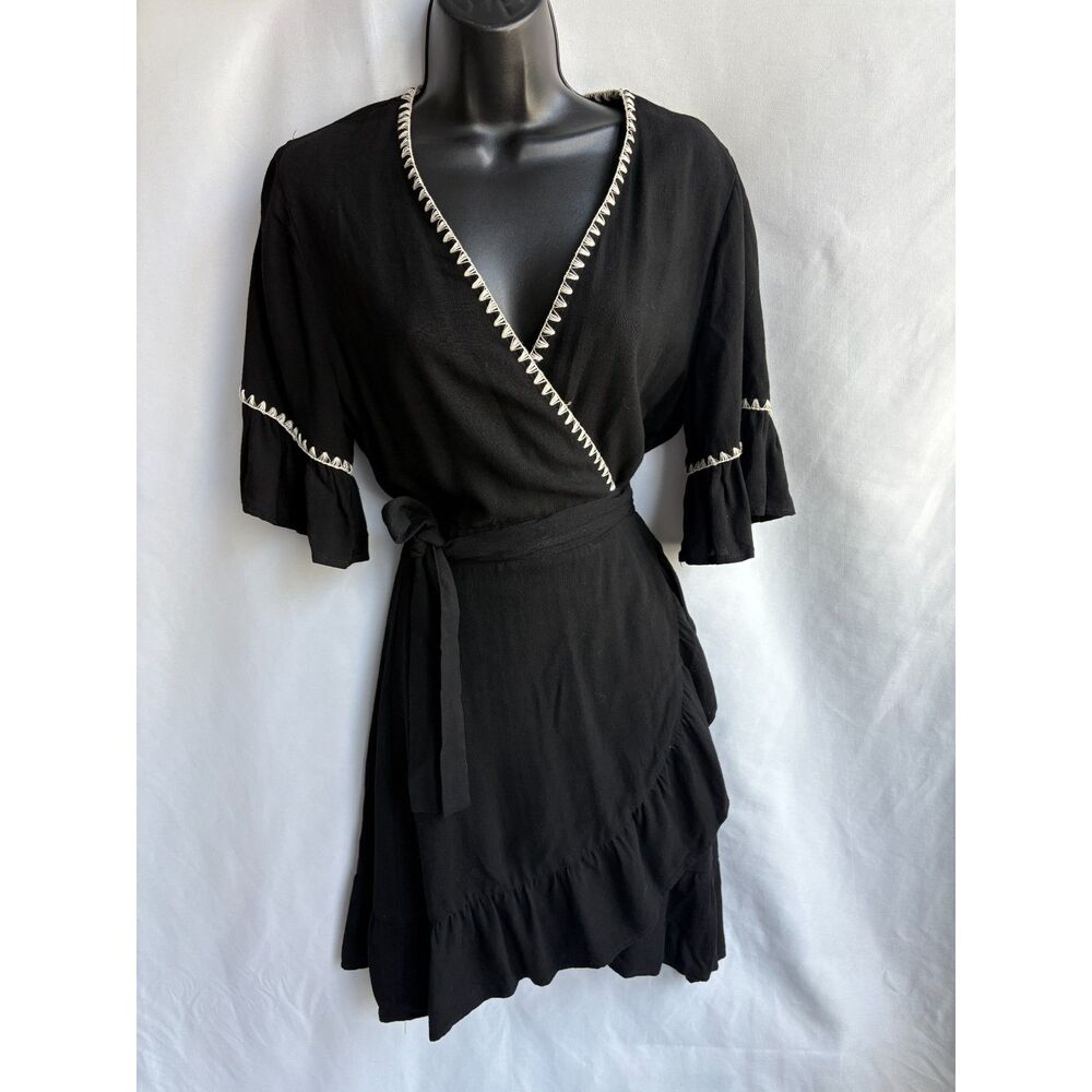 Moon River Black Linen Wrap Dress Ruffle Hem Cyrus Blanket Stitch Dress Size S